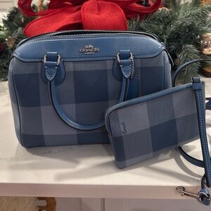 Coach Blue Buffalo Check Satchel + Matching Wristlet Set